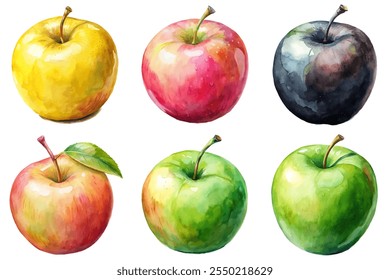 A set of six apples, each with a different color, are painted on a white background. The apples are arranged in a row, with the green apple in the middle and the red apples on either side