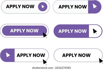 A set of six 'apply now' buttons with varied cursor styles and color fills, designed for web interfaces.