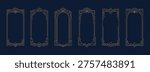Set of six art deco style frames with thin geometric ornamental lines on dark blue background. Vintage luxury design and decorative templates
