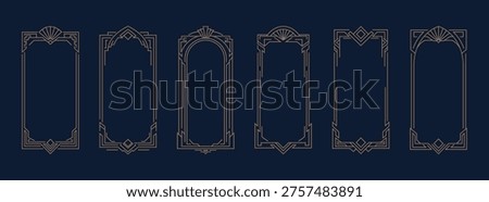 Set of six art deco style frames with thin geometric ornamental lines on dark blue background. Vintage luxury design and decorative templates