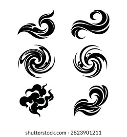 A set of six artistic black ink brush stroke elements featuring dynamic swirls, spirals, and stylized clouds, perfect for traditional oriental aesthetic designs.