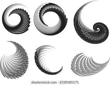 A set of six artistic spiral designs with 
dynamic line patterns. These sleek visuals add sophistication to branding, creative media, or modern decorative projects.