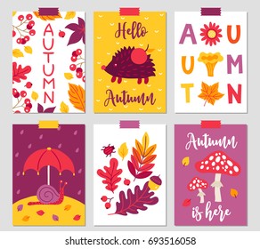 Set of six autumn cards with hedgehog, leaves, berry, flower, umbrella, snail, mushroom, acorn. Perfect for holiday greetings, prints, placards
