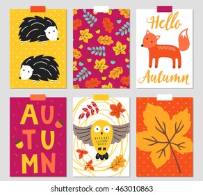 Set of six autumn greeting cards with hedgehog, fox, leaves, acorns, hand drawn letters and owl. Perfect for autumn invitations and decorations