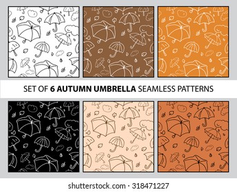 Set of six autumn seamless pattern with umbrellas, leaves and rain drops in beige, black, white and orange colors