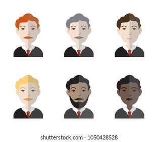 Set of six avatar icons representing male judges of different nationalities and skin color. Vector illustration.
