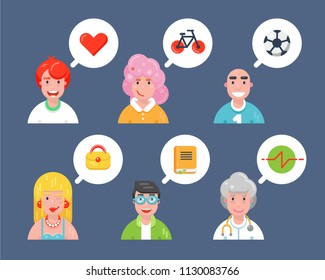 Set of six avatar vector icons. Different characters portraits with thought bubbles. Geometric people. Flat style