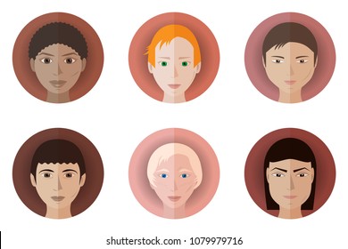 Set of six avatars of teenage boys of different races and nationalities Flat style Vector illustration