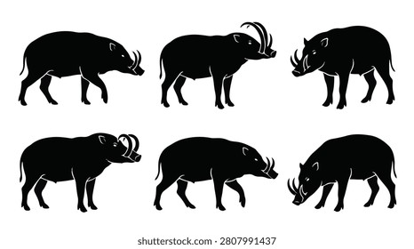 A set of six Babirusa walking silhouette vector illustration on a white background