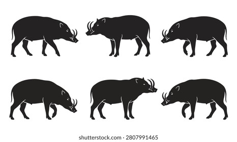 A set of six Babirusa walking silhouette vector illustration on a white background