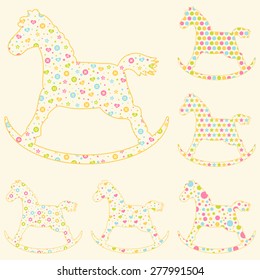 A set of six baby toys - rocking horse.Silhouettes of rocking horse have a colorful background.Vector illustration. The rose background is removed.