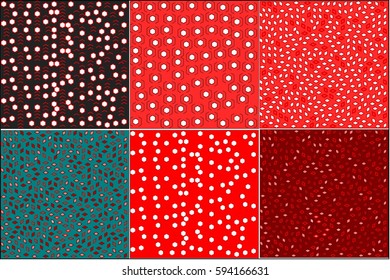 set of six backgrounds with black and red and blue and burgundy tone pointer lines, hexagons and petals arranged around the drawing