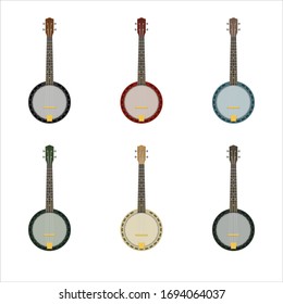Set of six banjos in different colors on a white isolated background. Vector illustration in flat style.