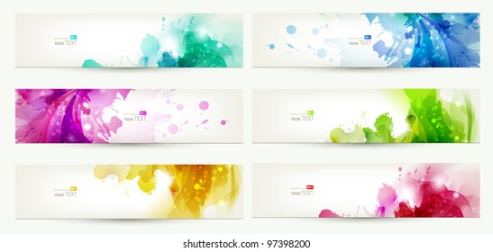 Set Of Six  Banners, Abstract  Headers With Varicolored  Blots