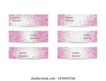 Set of six banners with pink and blue glitter confetti. Vector flyer design templates for wedding, invitation cards, save the date, business brochure design, certificates. All layered and isolated