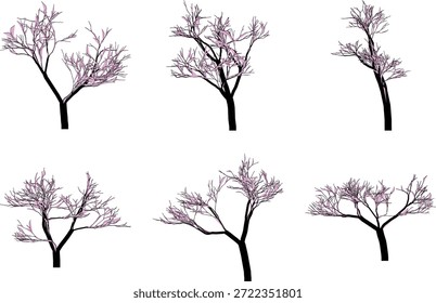 Conjunto de seis árboles desnudos con hojas de color rosa sobre fondo transparente.eps