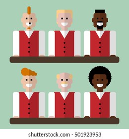 set of six bartenders with different hairstyles. card for international bartender's day. flat style. vector eps-10