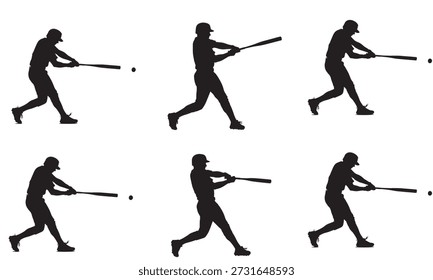 Conjunto de seis siluetas de jugador de béisbol en poses dinámicas de bateo y bateo.