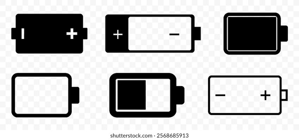 Set of Six Battery Icons Showing Different Charge Levels and Polarities in Black and White Vector Graphics