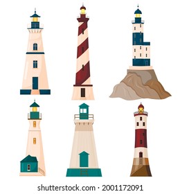 A set of six beacons isolated on a white background. Stylization. Vector illustration.
