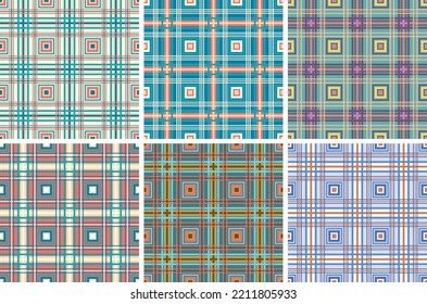 Set of six beautiful checkered seamless patterns. Vector illustration for print, fabric, cover, packaging, interior decor, blog decoration and other your projects.