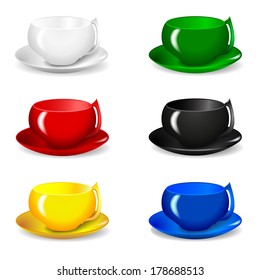 set of six beautiful multicolored cups for tea and coffee isolation