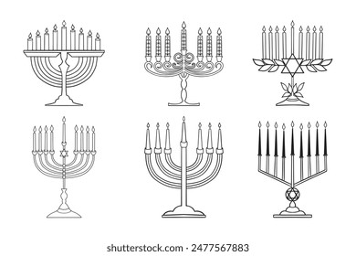 Set of six beautifully candlesticks, each holding nine candles, symbolizing the Israeli festival of Hanukkah.