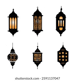 A set of six beautifully designed Islamic lanterns with intricate patterns and glowing effects, perfect for Ramadan, Eid, and Arabic cultural designs. Ideal for digital art, festive decorations.