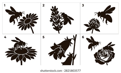 A set of six bees flying over flowers and collecting nectar silhouette vector icon on a white background