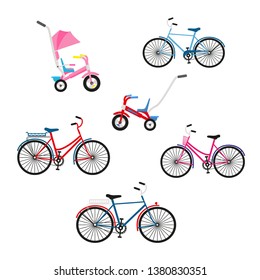 Set of six bicycles for family cycling. Color vector flat illustration of isolated bicycles on white background.