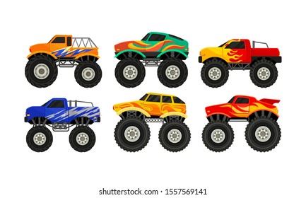 Set Of Six Big Monster Trucks Bright Multicolor Vector Illustration