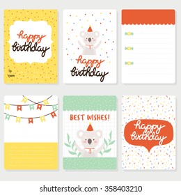 set of six birthday cards, notes with cute cartoon koala baby. cute pastel birthday cards. can be used for birthday party invitations and greeting cards