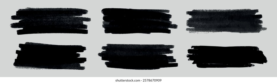 Set of six black brush strokes on a light background. Brush strokes vary in texture and thickness. Black brush strokes for design. Artistic brush strokes. Creative elements, vector set.