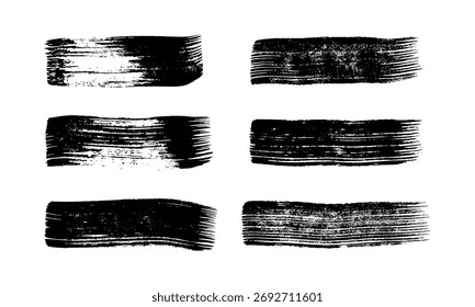 Conjunto de seis traços de pincel preto. Manchas de tinta desenhadas à mão isoladas no fundo branco. Ilustração vetorial