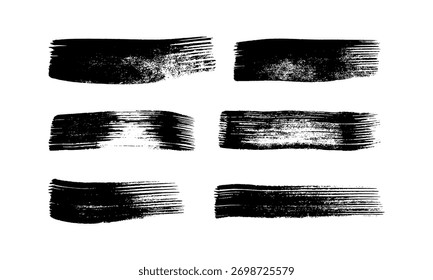 Conjunto de seis pinceladas negras. Manchas de tinta dibujadas a mano aisladas sobre fondo blanco. Ilustración vectorial