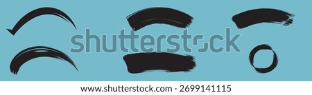 A set of six black brush strokes on a blue background, each with a different shape and texture, creating a dynamic and artistic composition for various design applications