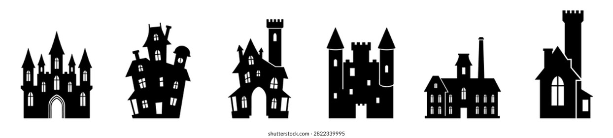 Set of six black castle silhouettes vector icons on transparent background