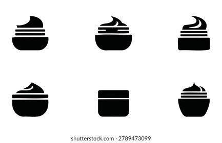 Set of six black cosmetic cream jar icons isolated on transparent background for beauty and skincare applications