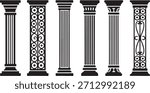 Set of Six Black Decorative Columns with Fluted and Patterned Shafts on White Background