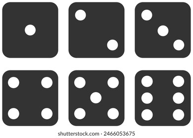 Set of six black dices isolated on white background.