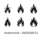 Set of six black fire flame icons or tribal logo elements design.