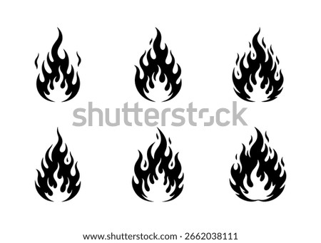 Set of six black fire flame icons or tribal logo elements design.
