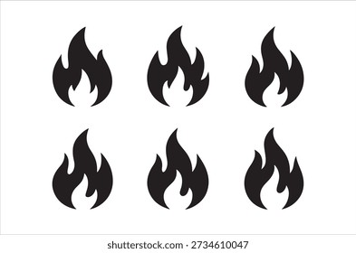 A set of six black flame silhouettes against a clean white backdrop, ideal for design applications.
