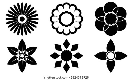 Set of six black flower silhouettes for floral sticker patterns and digital embroidery templates