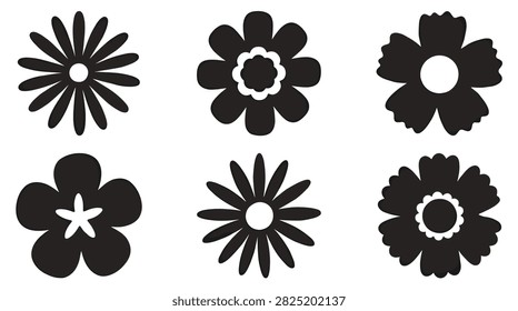 Set of six black flower silhouettes for floral sticker patterns and stationery design elements