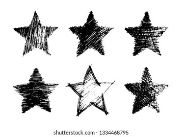 Set of six black hand drawn stars. Rough star shape in doodle style on white background. Vector illustration