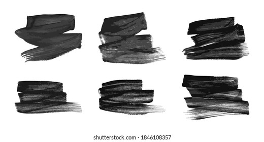 Set of six black hand drawn ink stains. Ink spots isolated on white background. Vector illustration