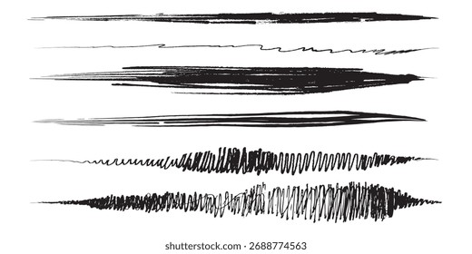 A set of six black, hand-drawn lines with varying thicknesses, textures, and styles, including straight, scribbled, and brush-like strokes.