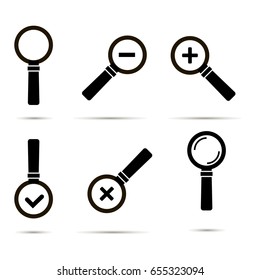 Set of six black icons of magnifier glasses isolated on white background
