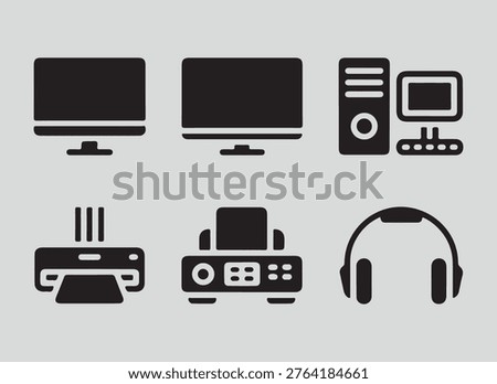 A set of six black icons on a gray background depicting various computer and electronics items including monitors, computer tower, printer, stereo, and headphones